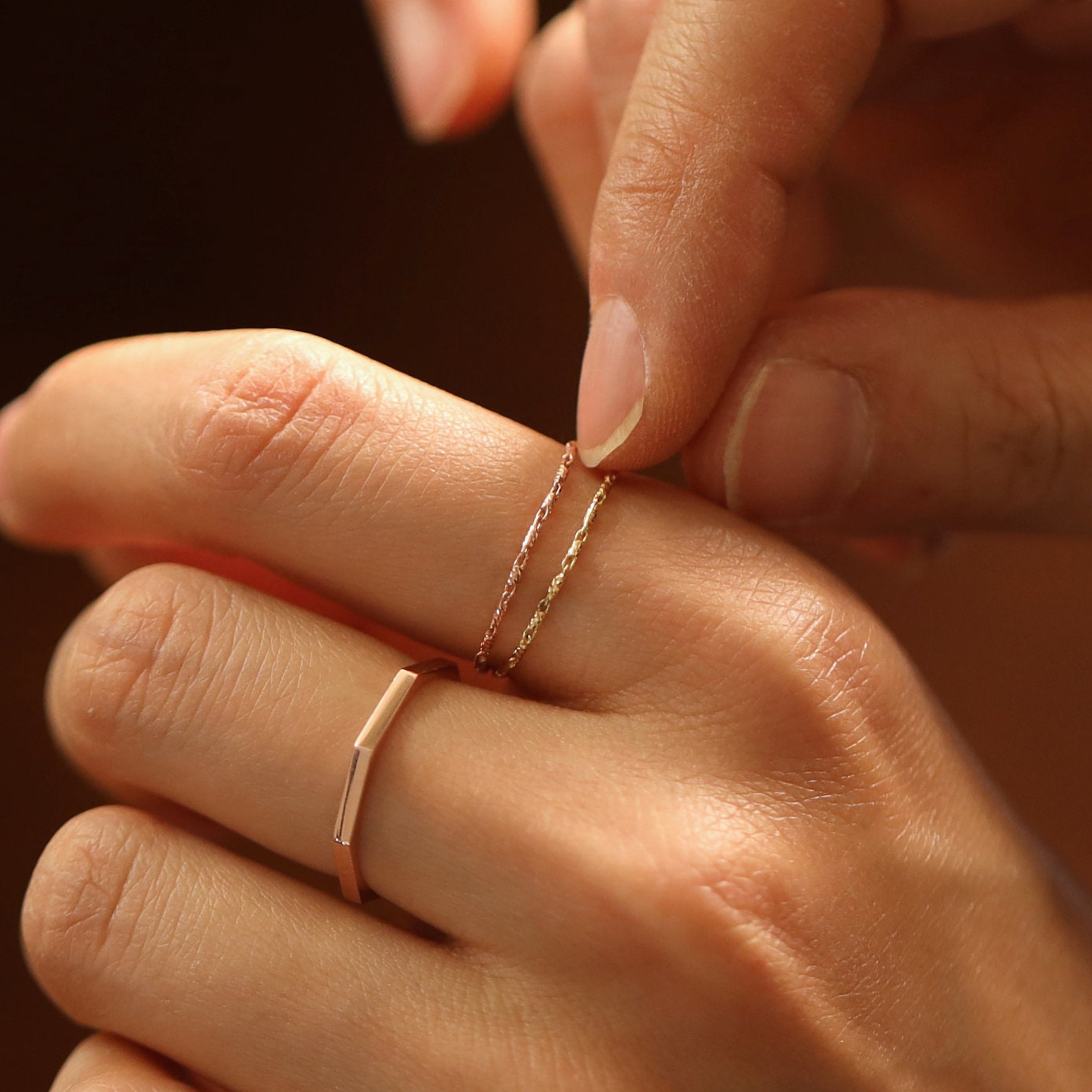 14K Gold Dainty Chain Ring Solid Gold Bands