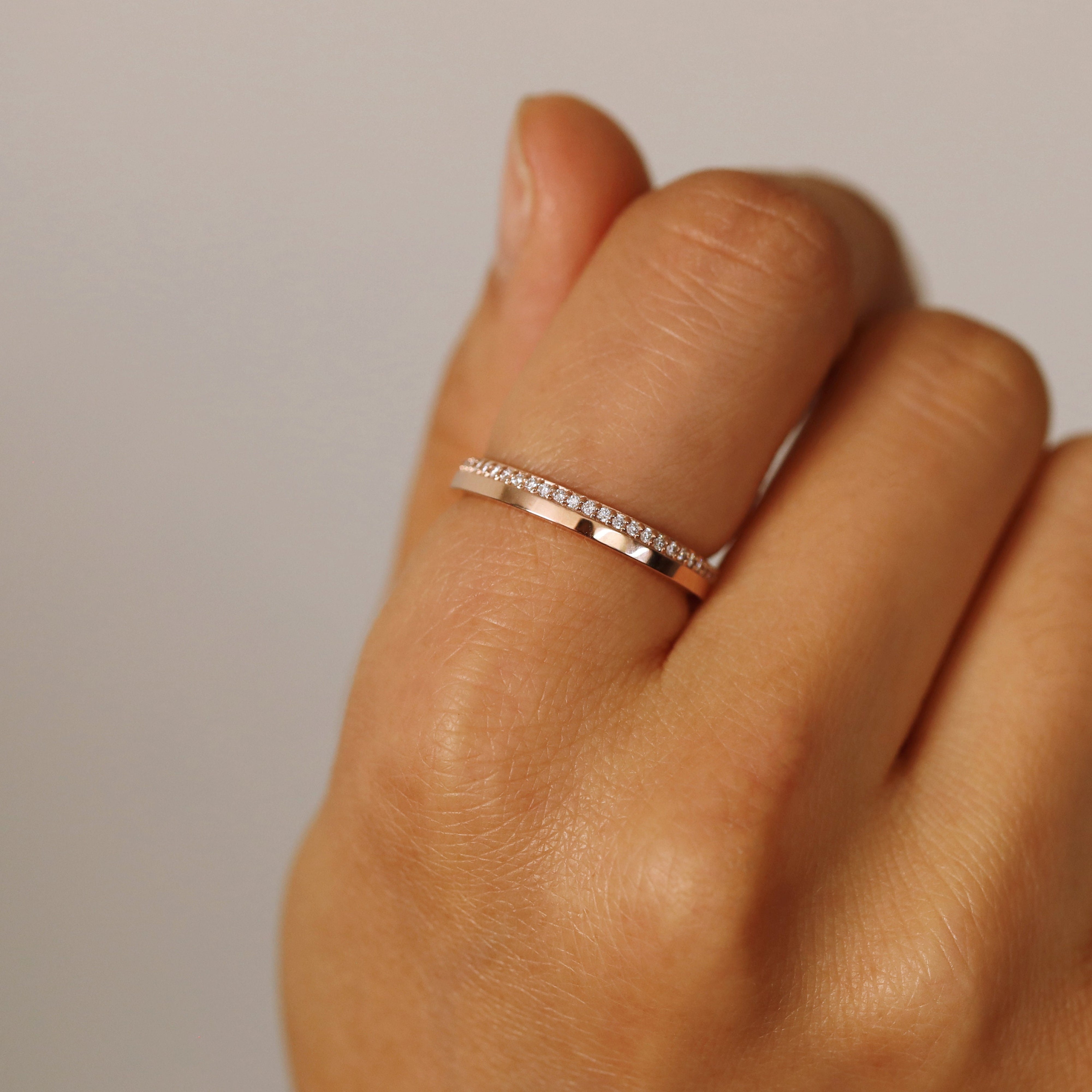 14K Gold Flat Double Band 3mm Natural Diamond Wedding Ring Natural Diamond