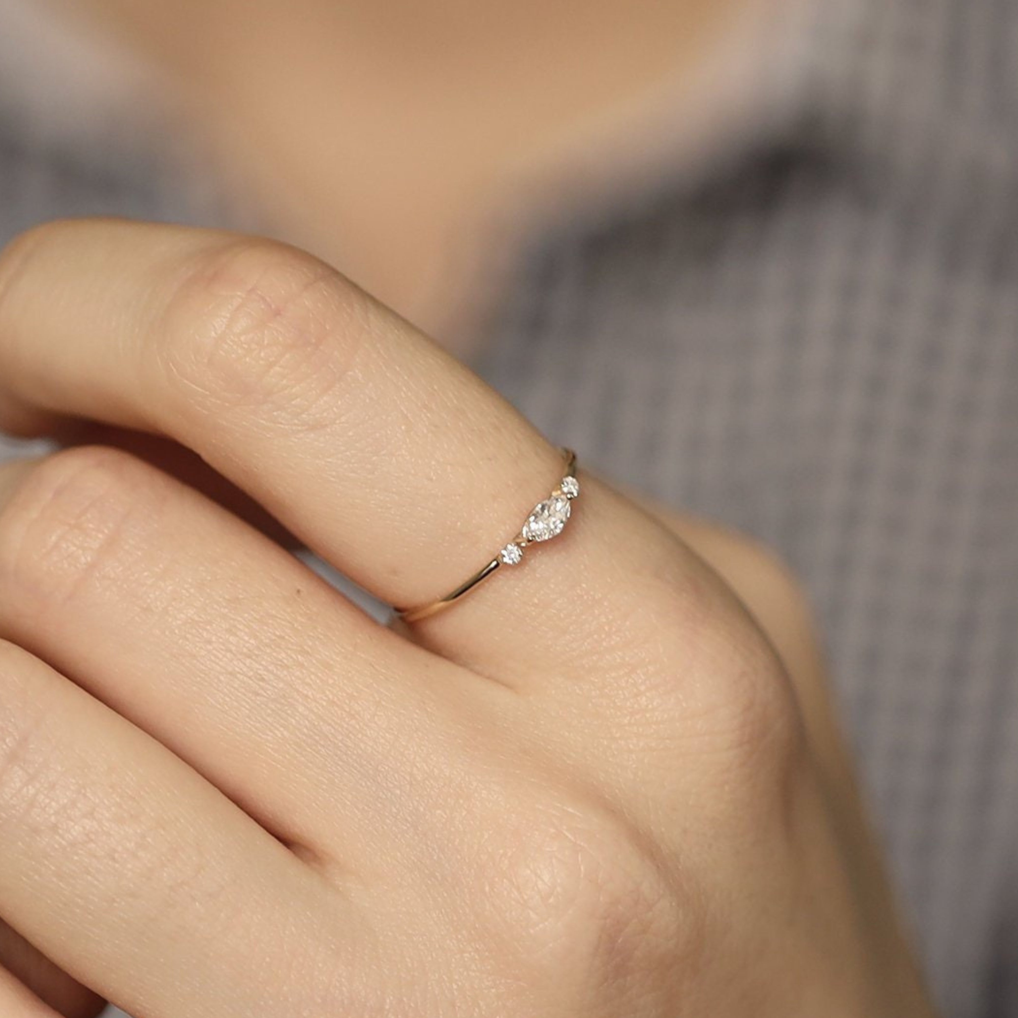 14K Gold Minimalist Marquise Diamond Stacking Ring Natural Diamond