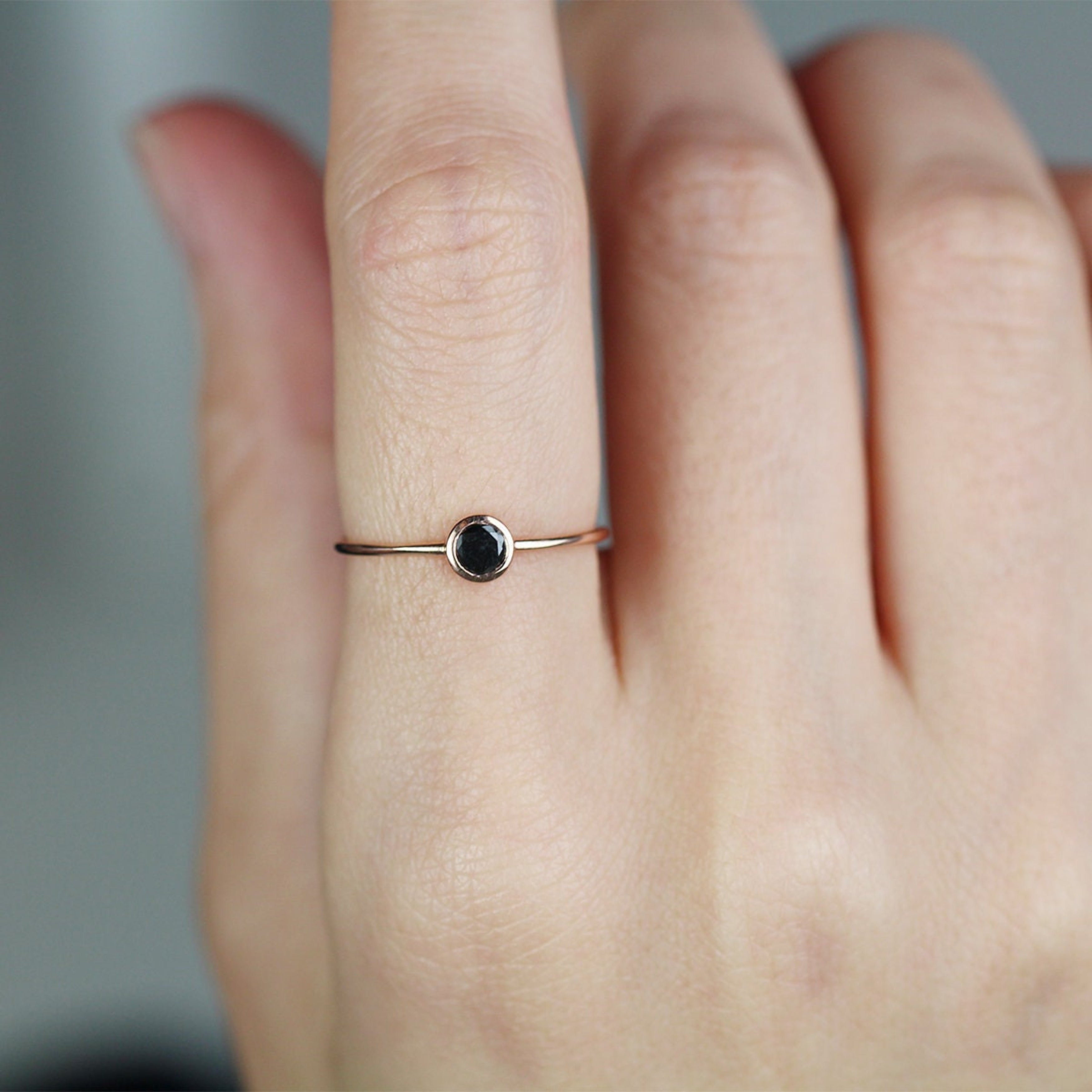 14K Gold Black Diamond Bezel 3mm Minimalist Stackable Promise ring Natural Diamond