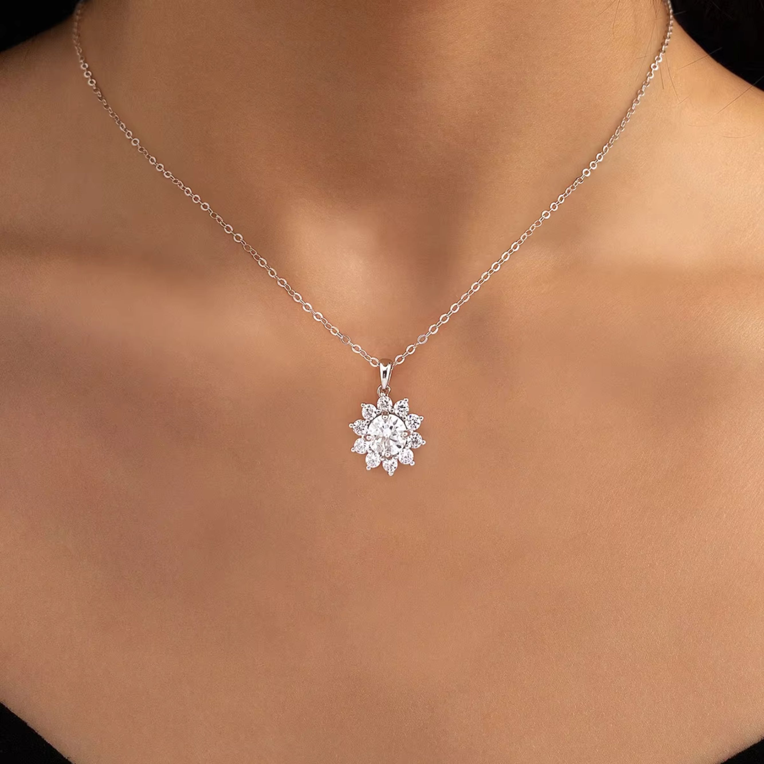 1.0ct.tw Round Brilliant Moissanite Sun Flower Pendant Necklace Moissanite