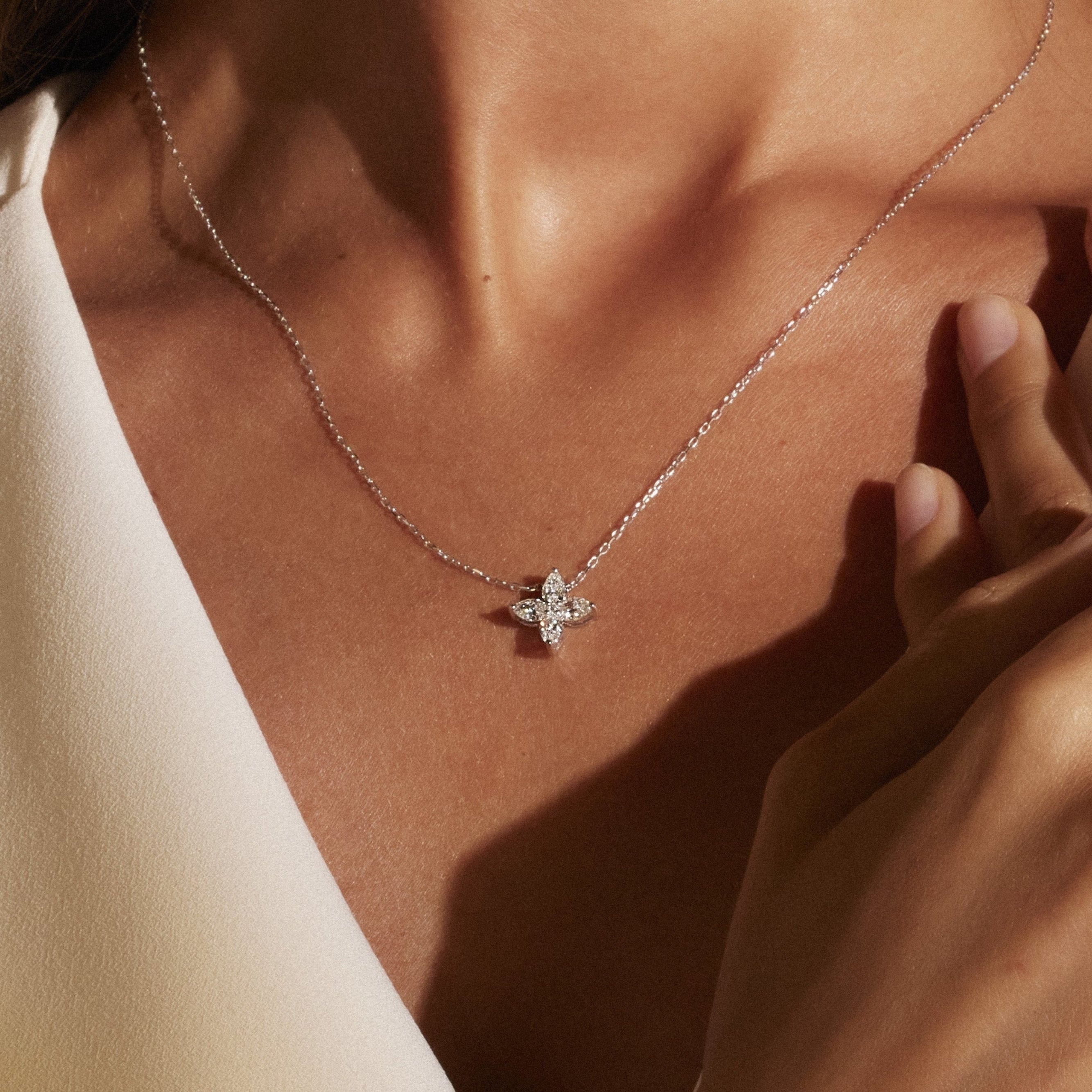 0.60ct.tw Marquise Moissanite Clover Floral Pendant Necklace Moissanite