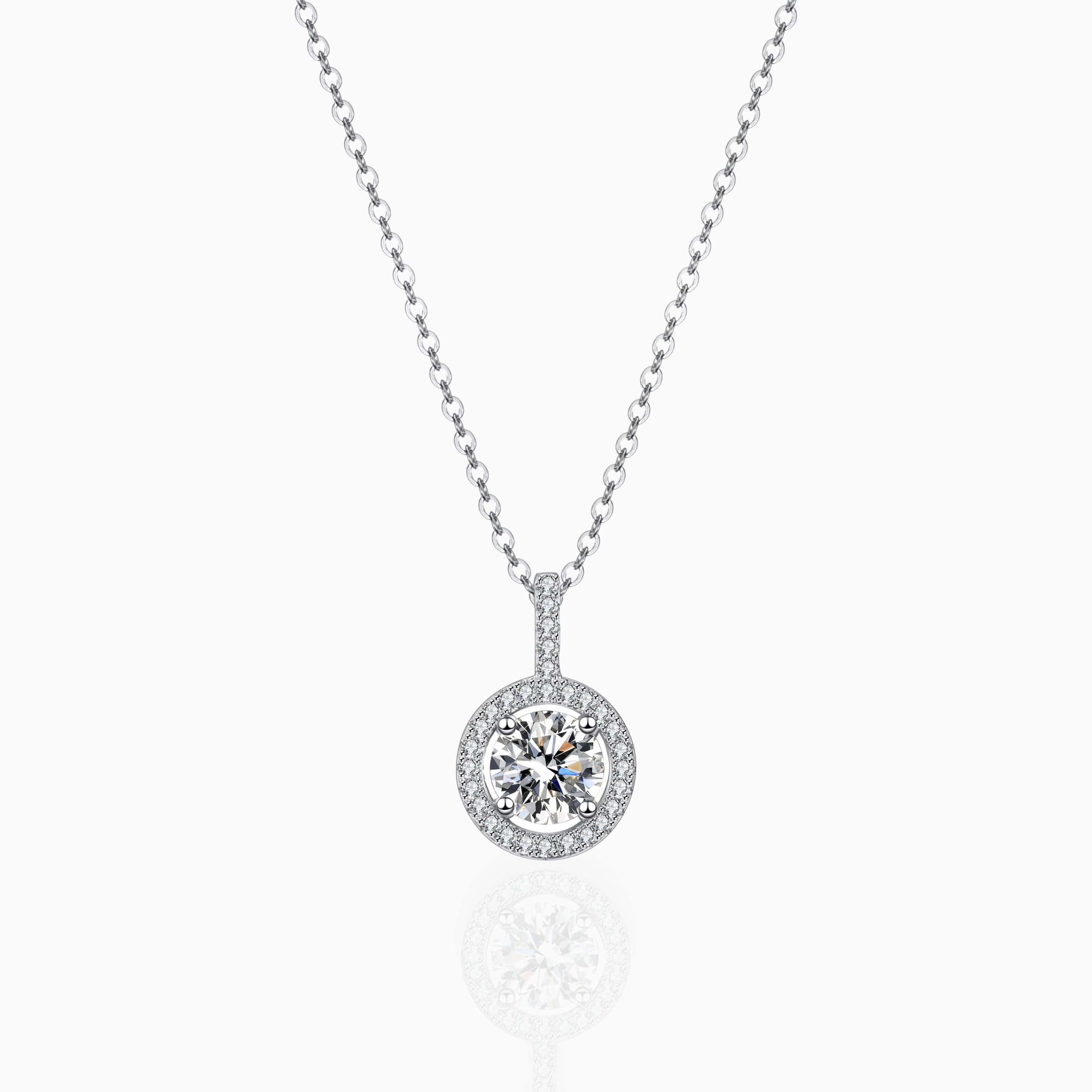 1.0ct Round Moissanite Halo Pendant Necklace 925 Sterling Silver 1.0ct | 6.5mm Moissanite
