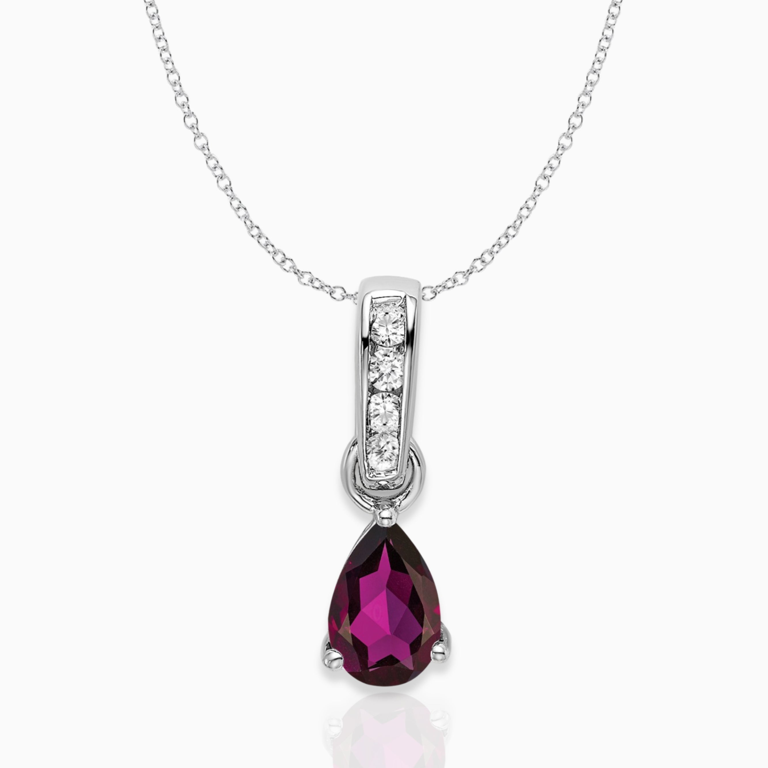 Pear Natural Rhodolite Garnet & Diamond Pendant Necklace in 14K Gold 14k White Gold Birthstone