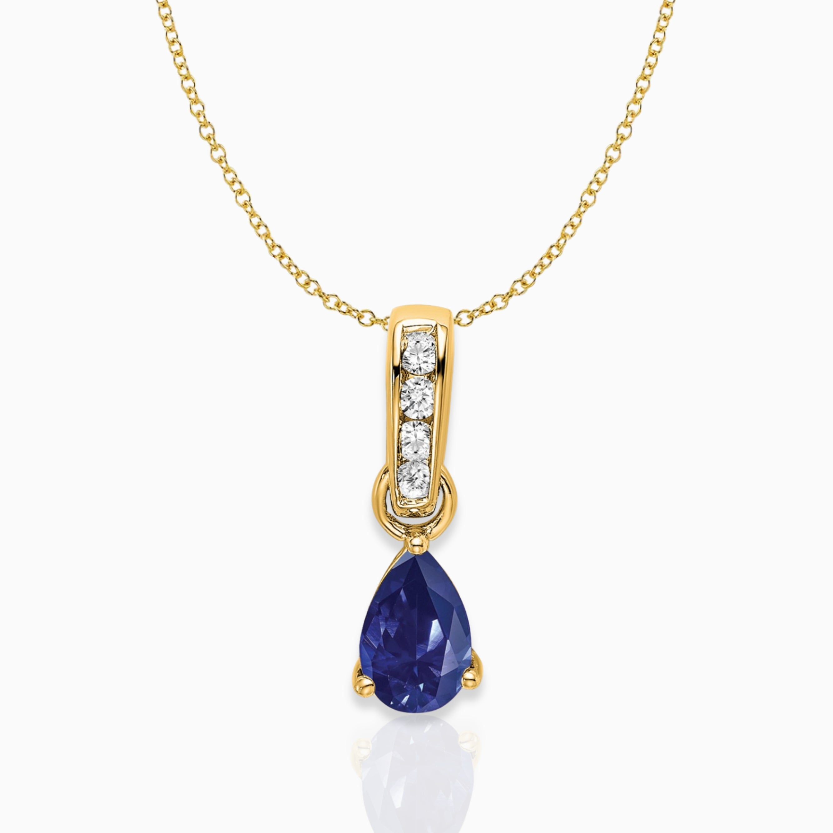 Pear Shaped Created Sapphire Drop Pendant Necklace 14k Yellow Gold Birthstone Karat Designs