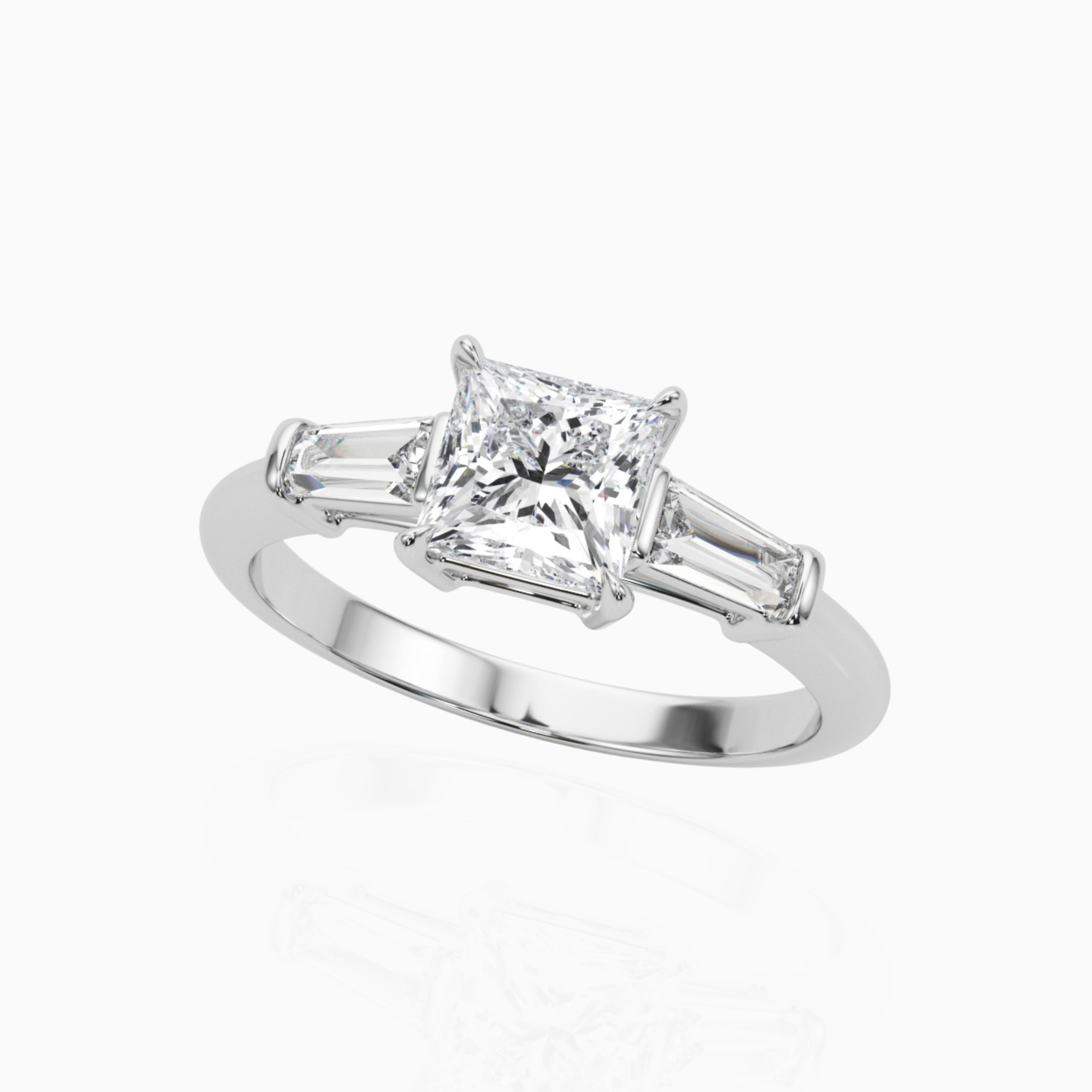 Diamond ring with a central princess-cut diamond and two side stones on a white background #14k-white-gold