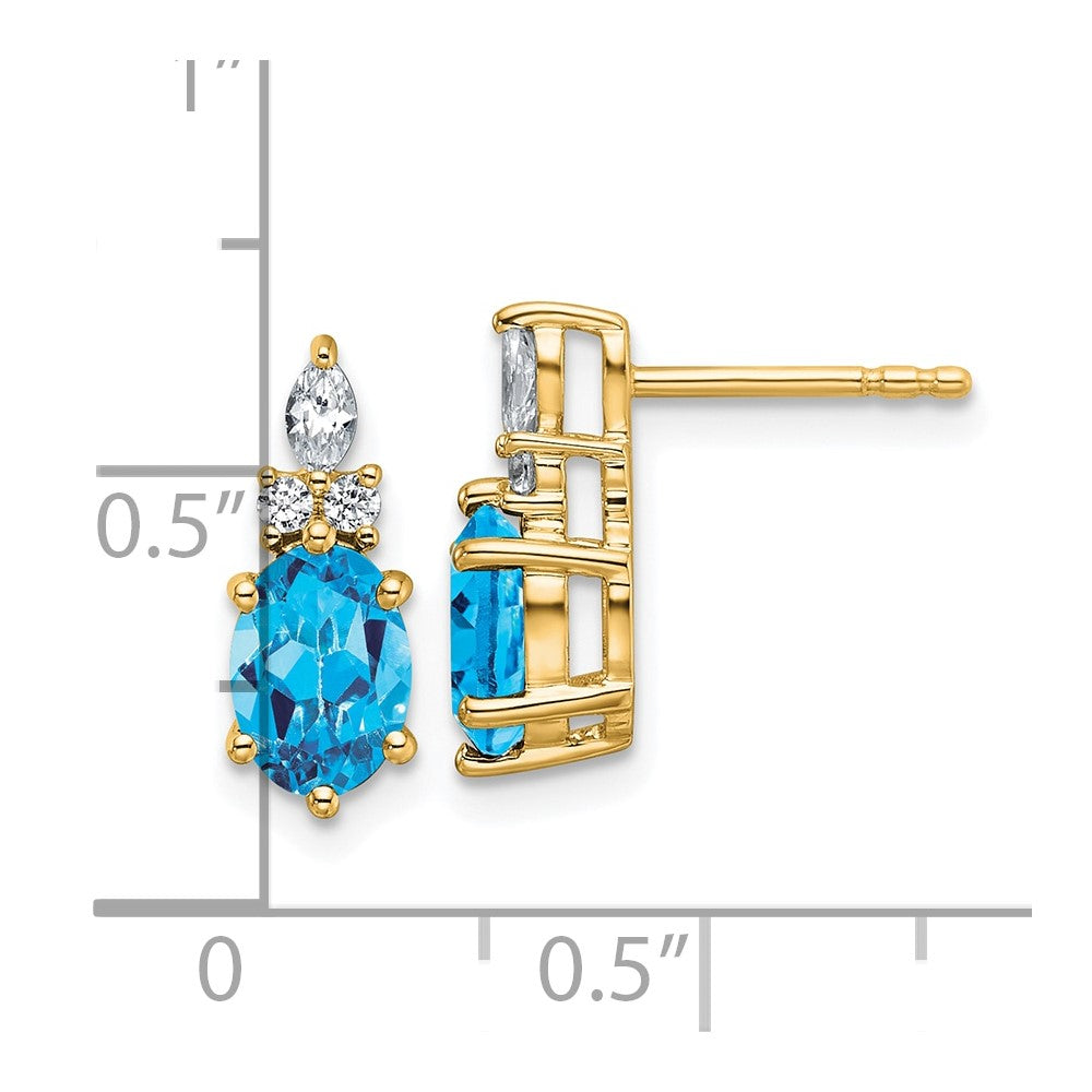 Natural Swiss Blue Topaz Oval Diamond Accent Stud Earrings in 14k Gold Birthstone