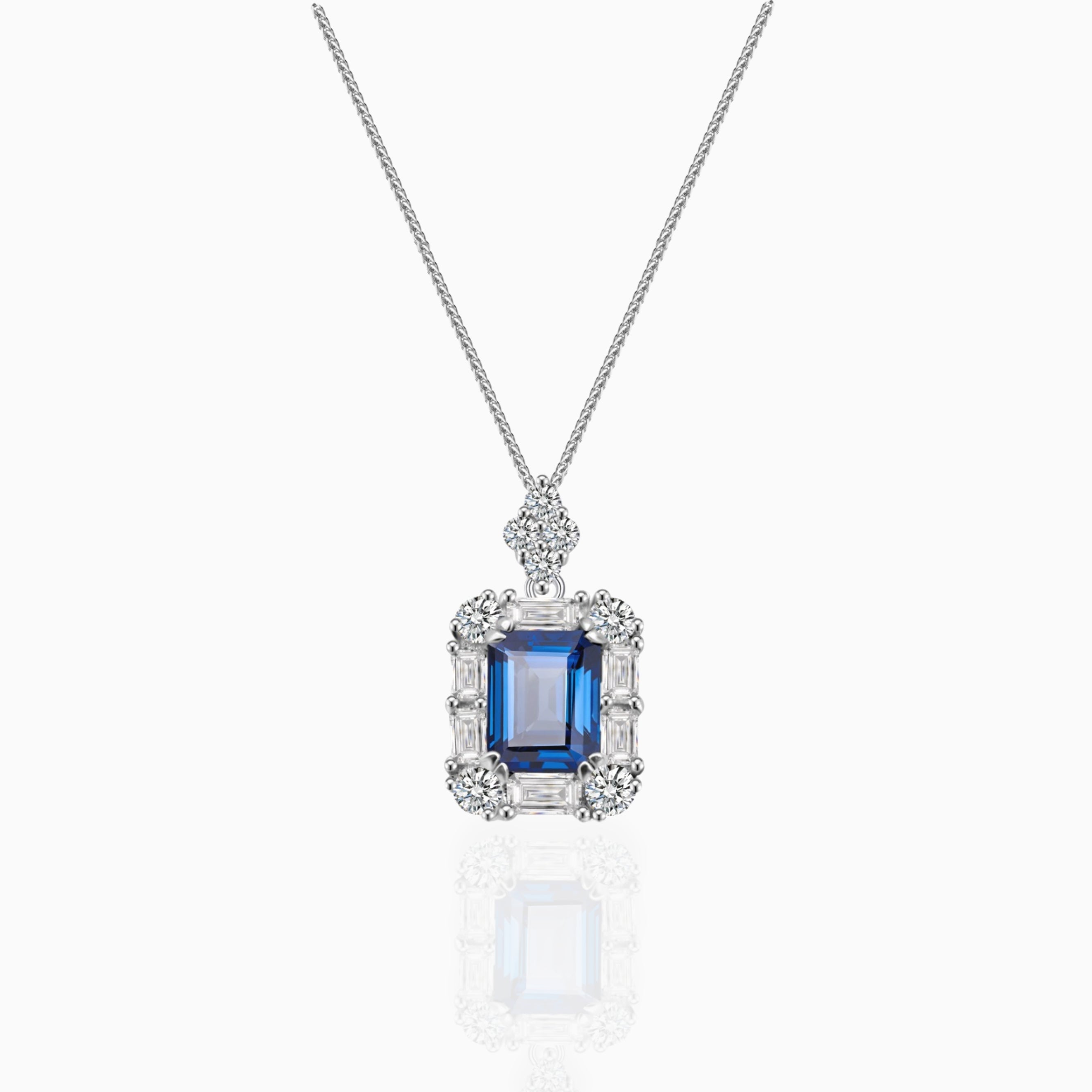 2.0ct Moissanite Blue Emerald Cut Baguette Halo Pendant Necklace Moissanite