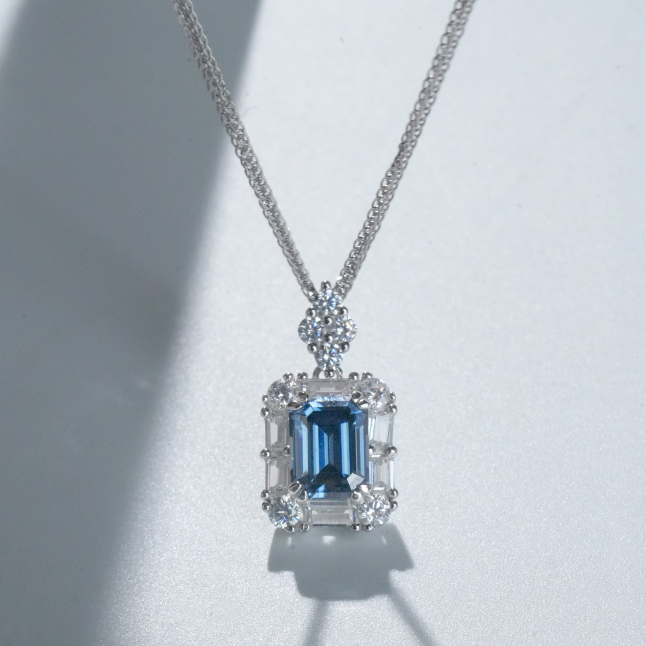 2.0ct Moissanite Blue Emerald Cut Baguette Halo Pendant Necklace Moissanite