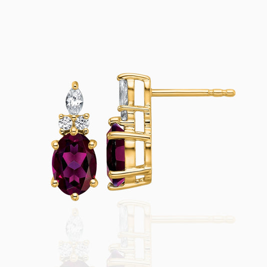 Oval Rhodolite Garnet & Diamond Cluster Stud Earrings