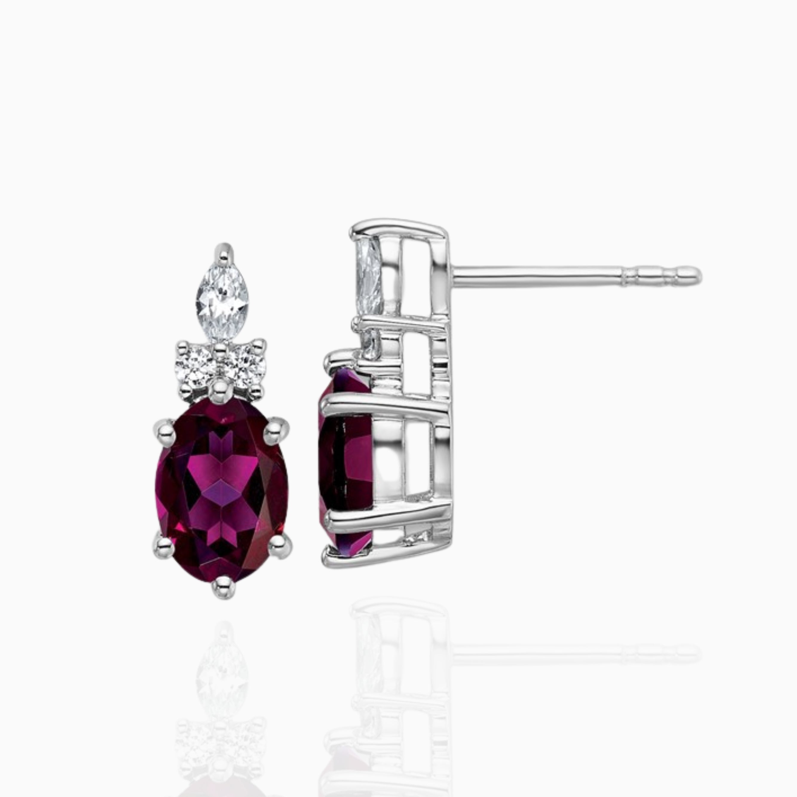 Oval Rhodolite Garnet and Diamond Stud Earrings in 14k Gold Birthstone
