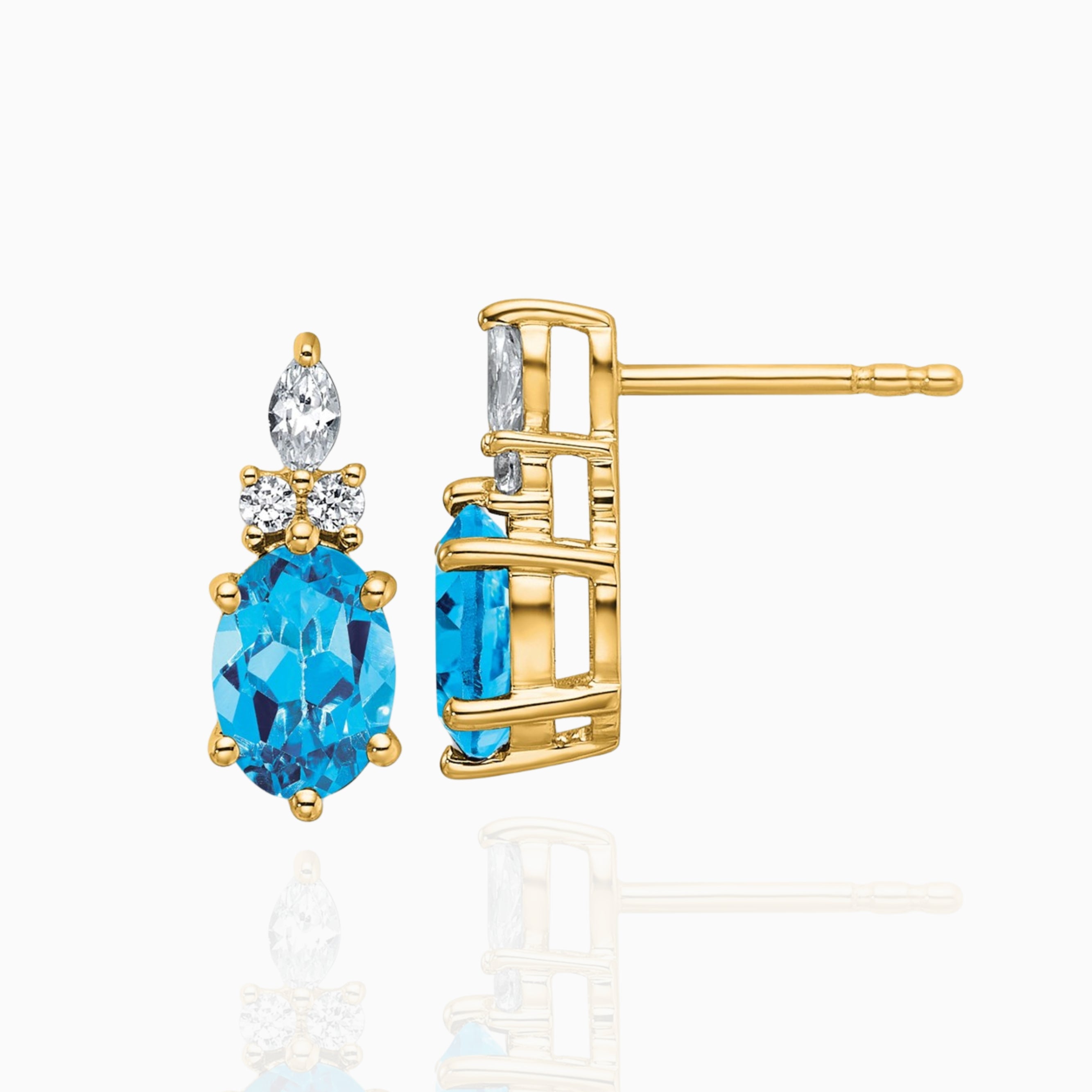 Natural Swiss Blue Topaz Oval Diamond Accent Stud Earrings in 14k Gold Birthstone