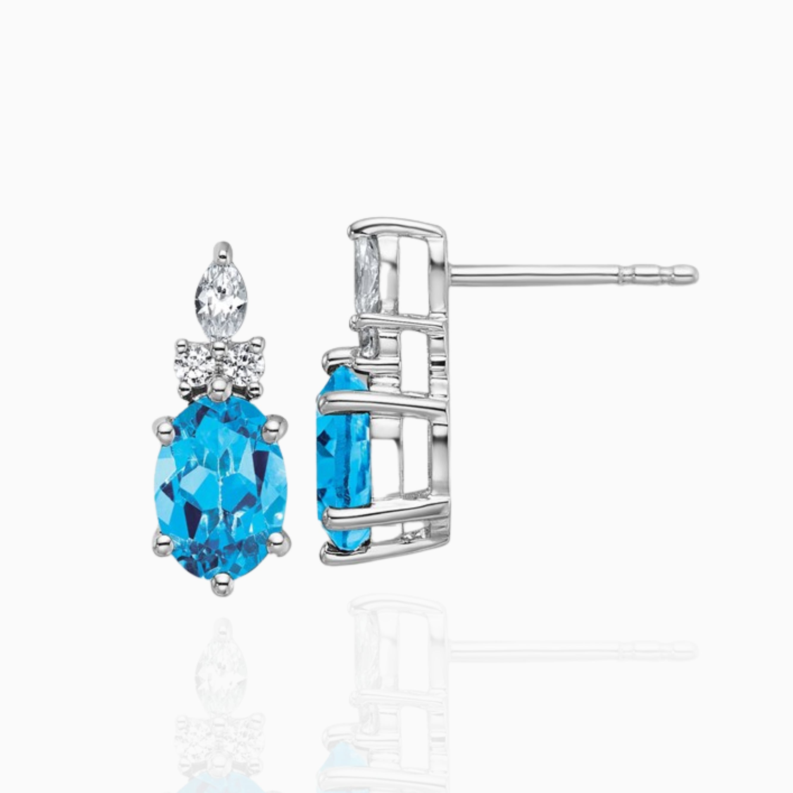 Natural Swiss Blue Topaz Oval Diamond Accent Stud Earrings in 14k Gold Birthstone