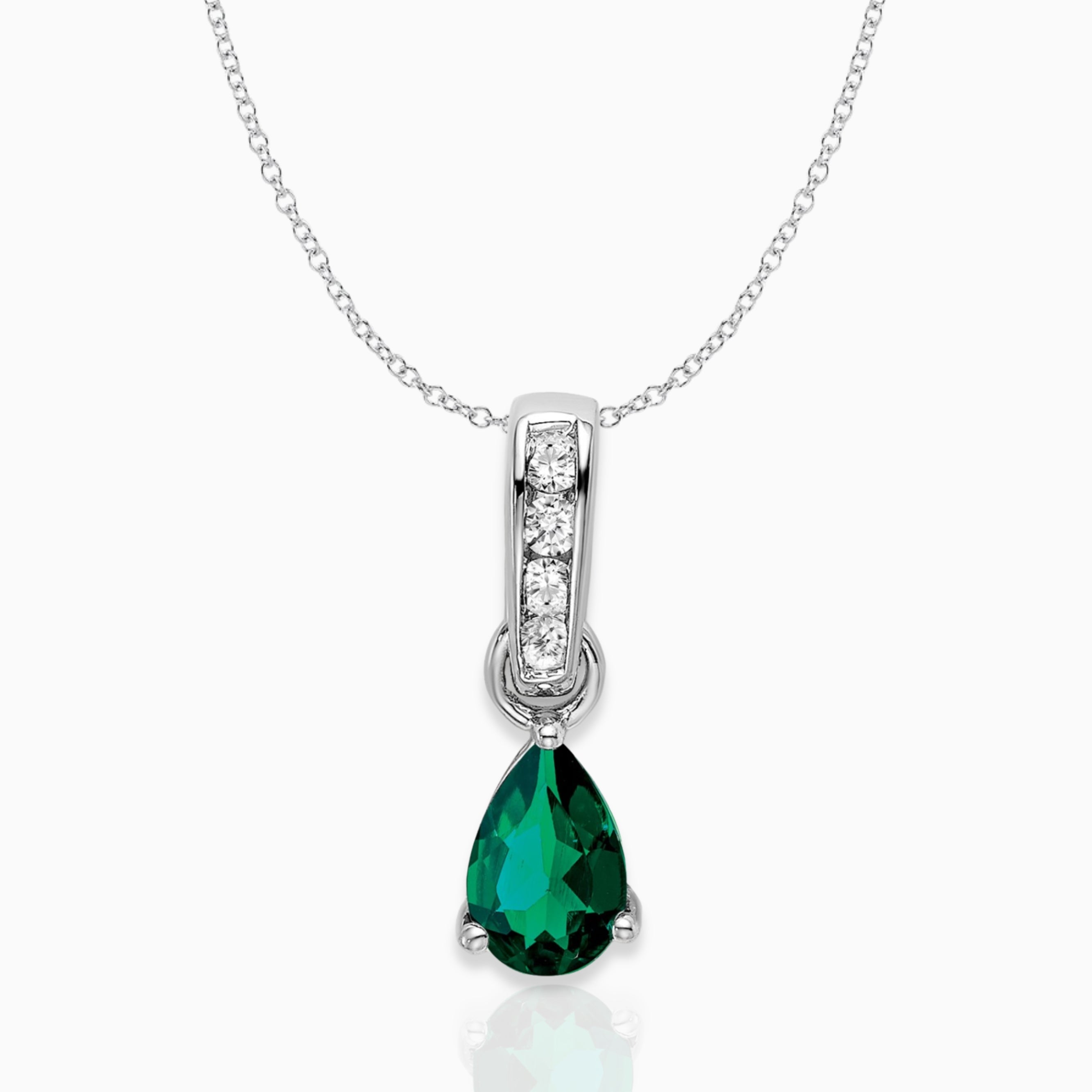 Pear Shaped Created Emerald Drop Pendant Necklace 14k White Gold Birthstone Karat Designs