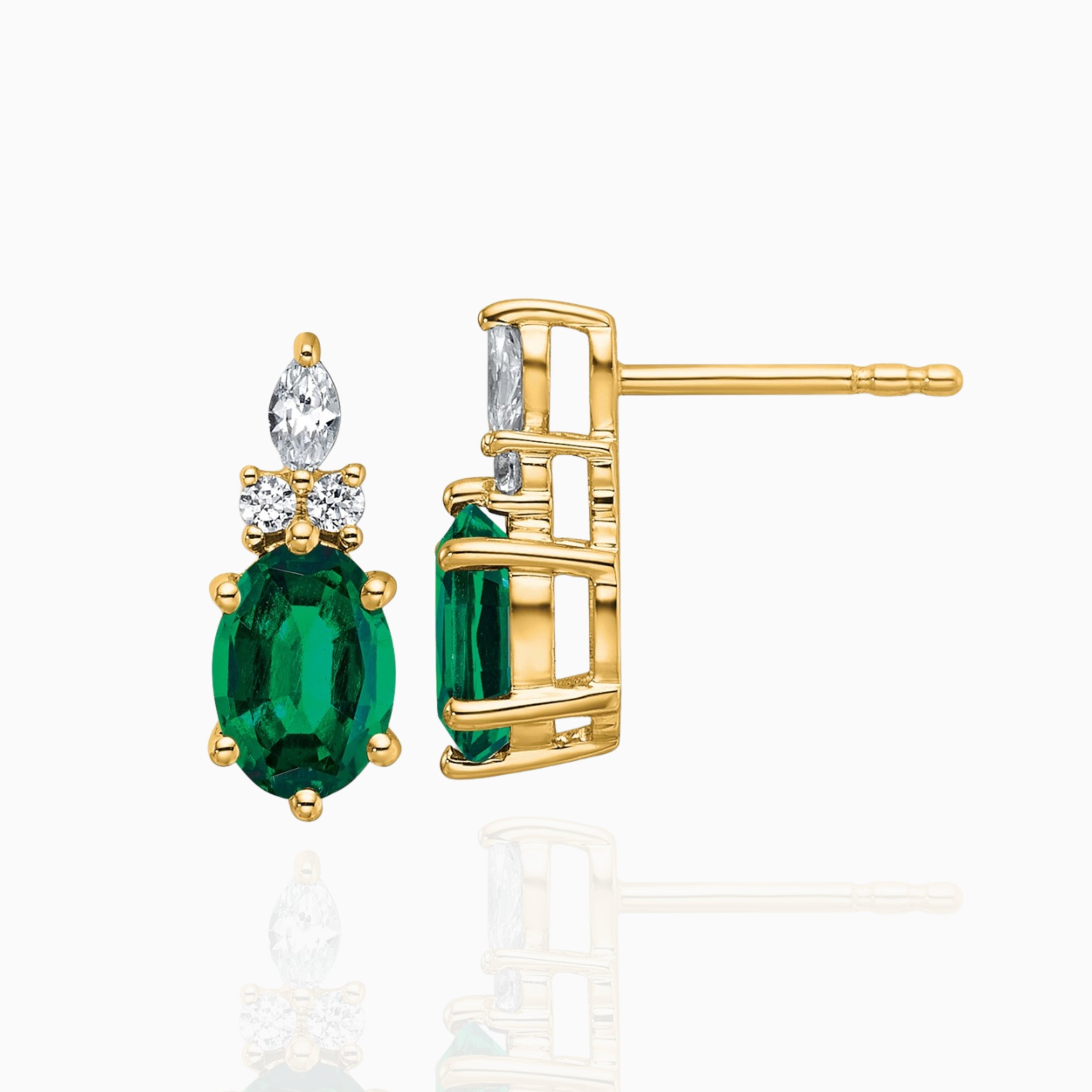 Oval Lab-Created Emerald & Luster Diamond Stud Earrings in 14k Gold Birthstone