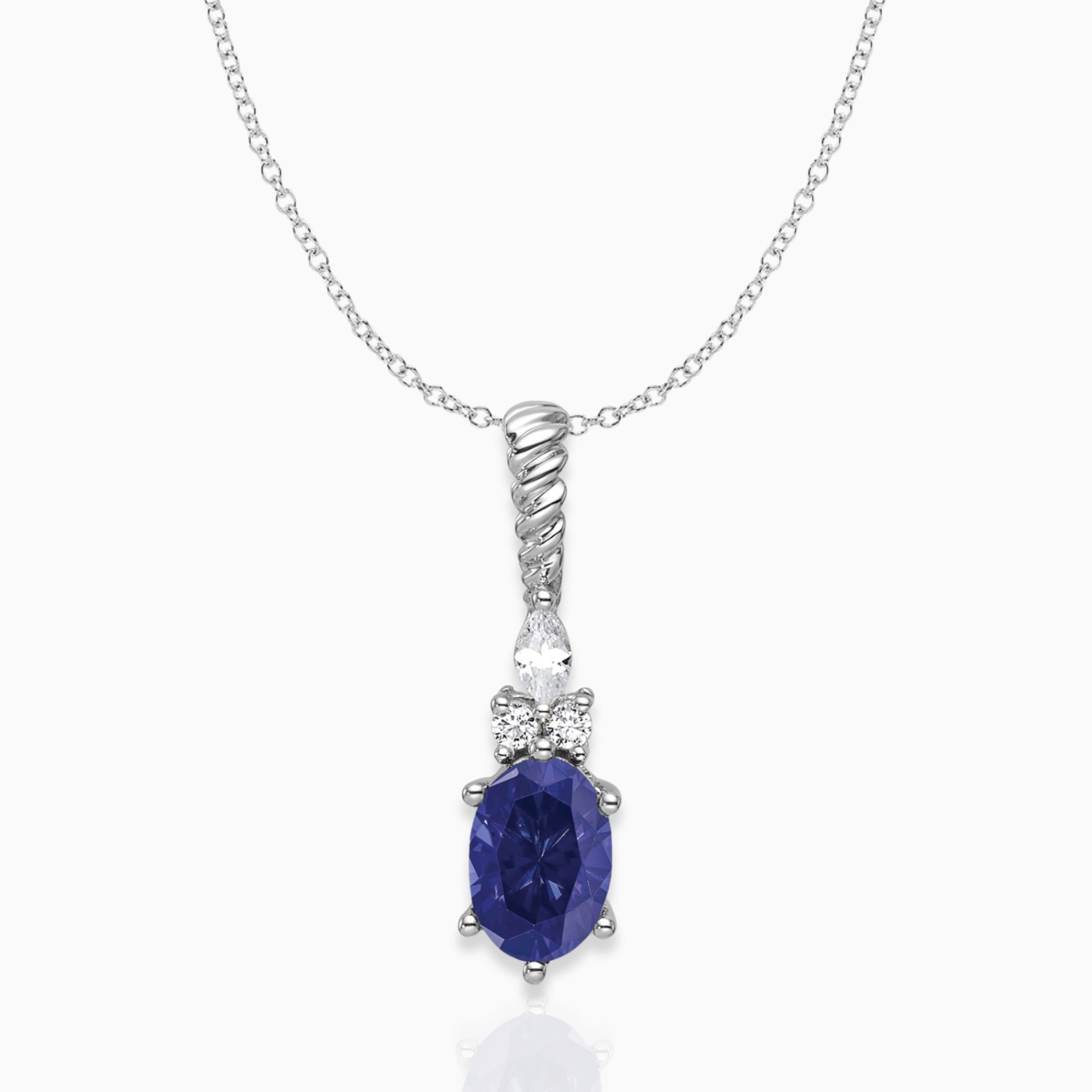 Oval Lab-Created Blue Sapphire & Diamond Birthstone Pendant Necklace 14k White Gold Birthstone Karat Designs