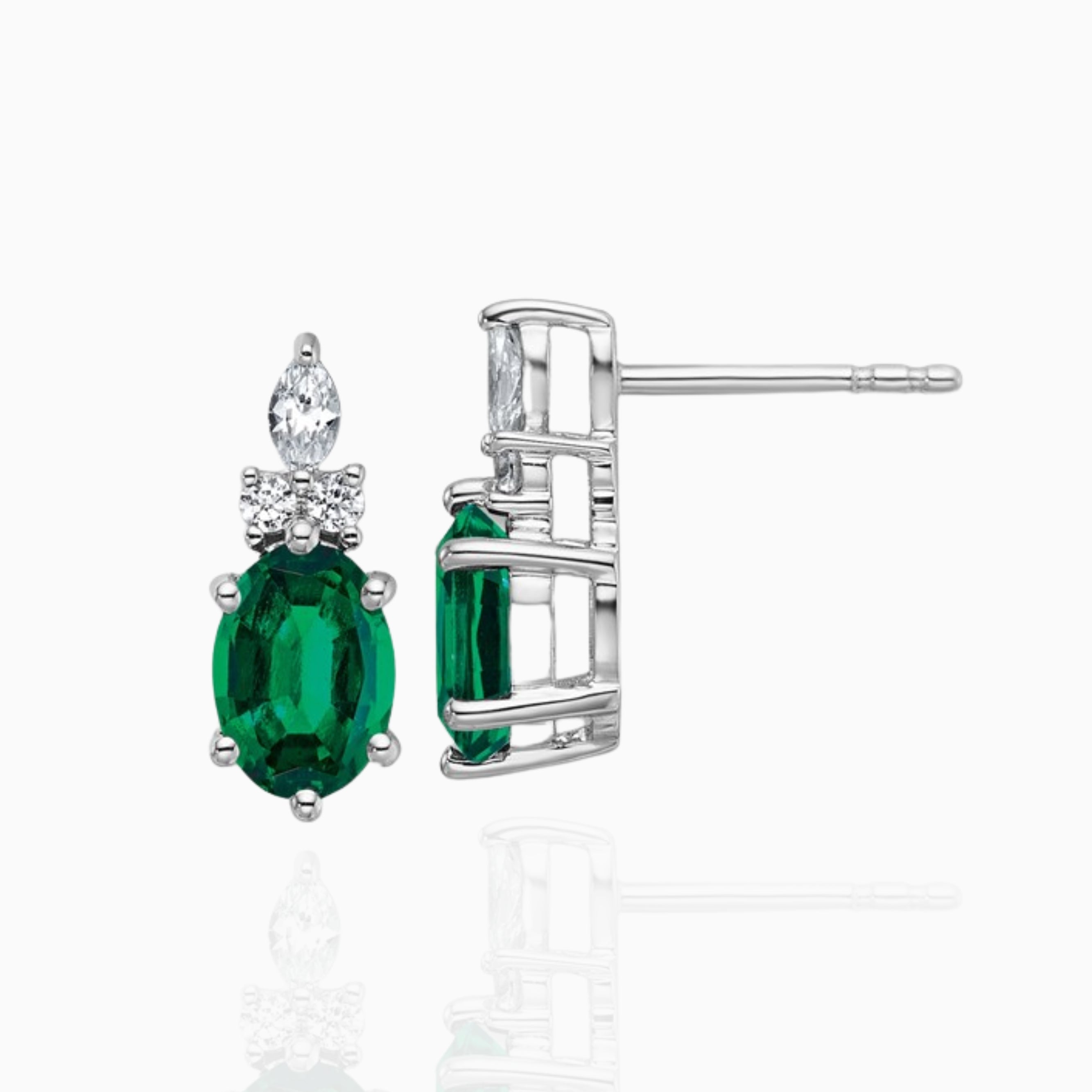 Oval Lab-Created Emerald & Luster Diamond Stud Earrings in 14k Gold Birthstone