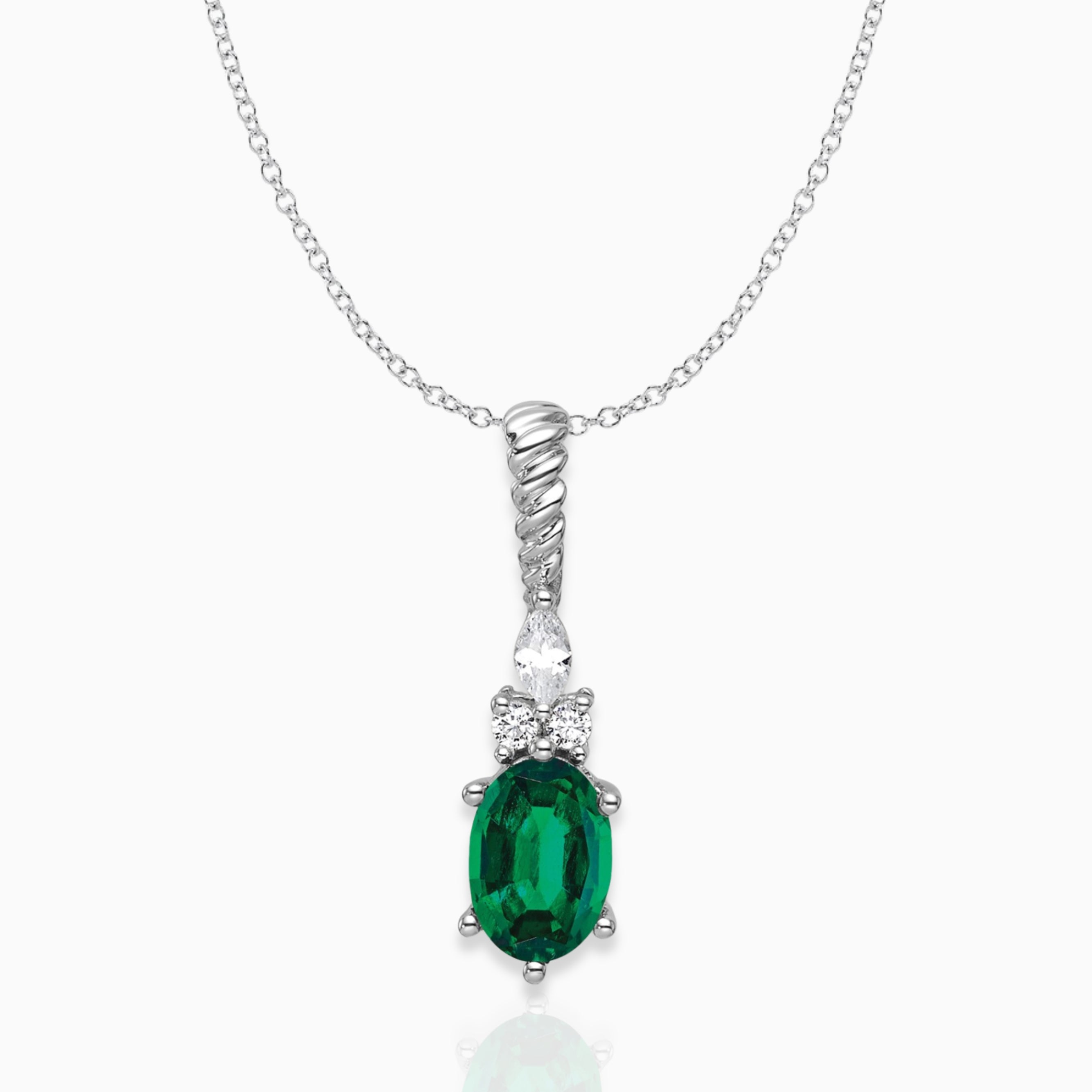 Oval Lab-Created Emerald & Diamond Birthstone Pendant Necklace 14k White Gold Birthstone Karat Designs