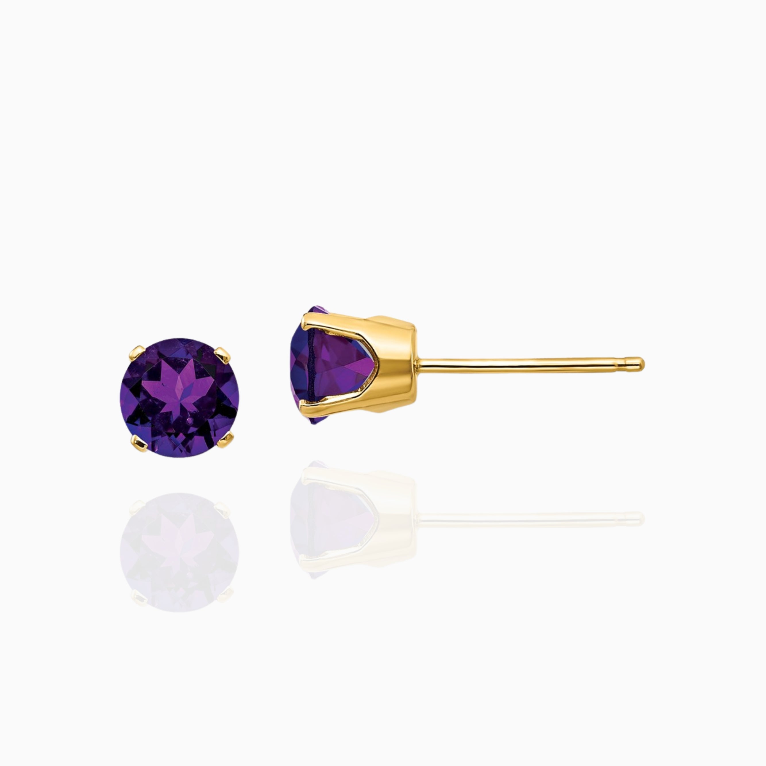 Petite Round Natural Amethyst Stud Earrings in 14K Gold Birthstone