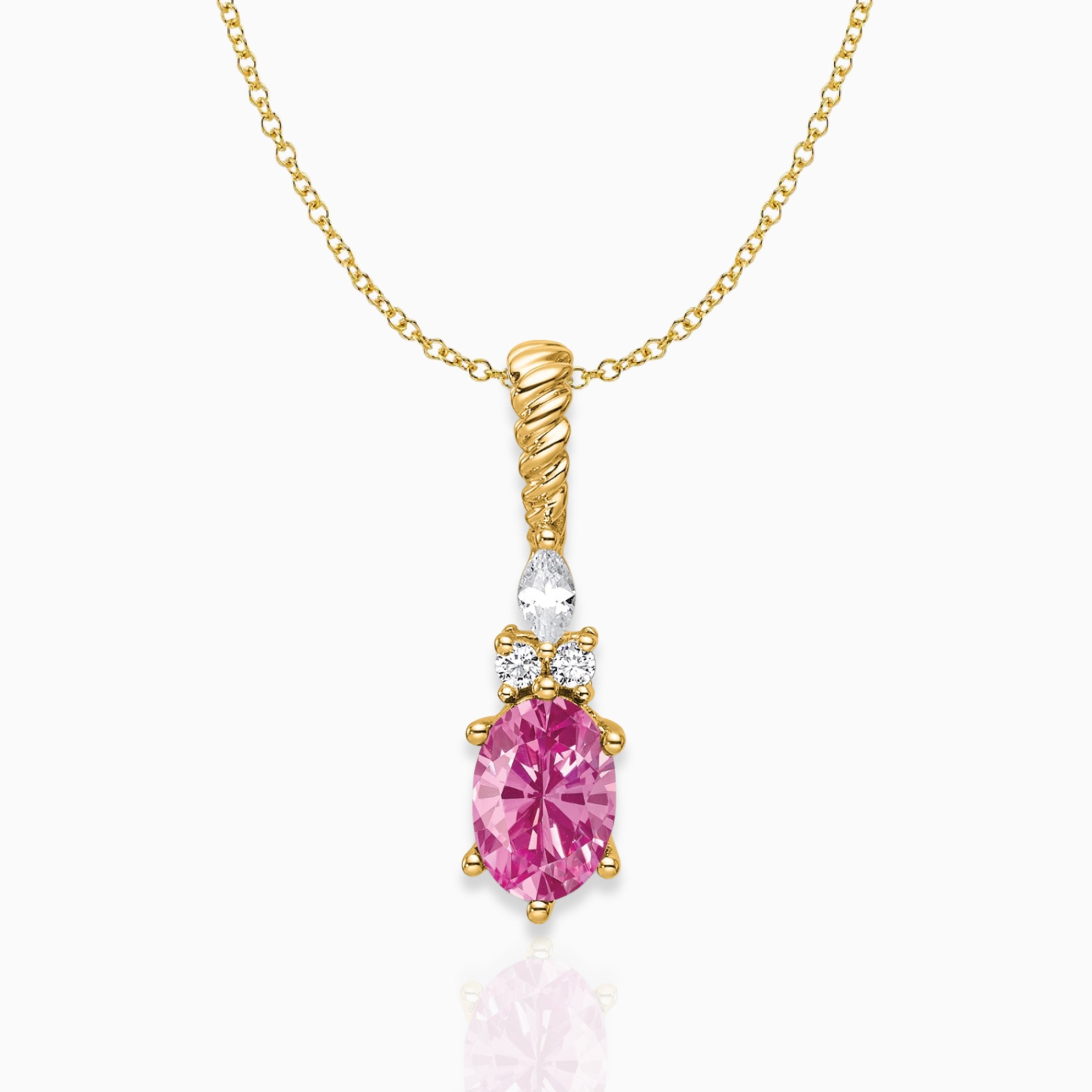 Oval Lab-Created Pink Sapphire & Diamond Birthstone Pendant Necklace 14k Yellow Gold Birthstone Karat Designs