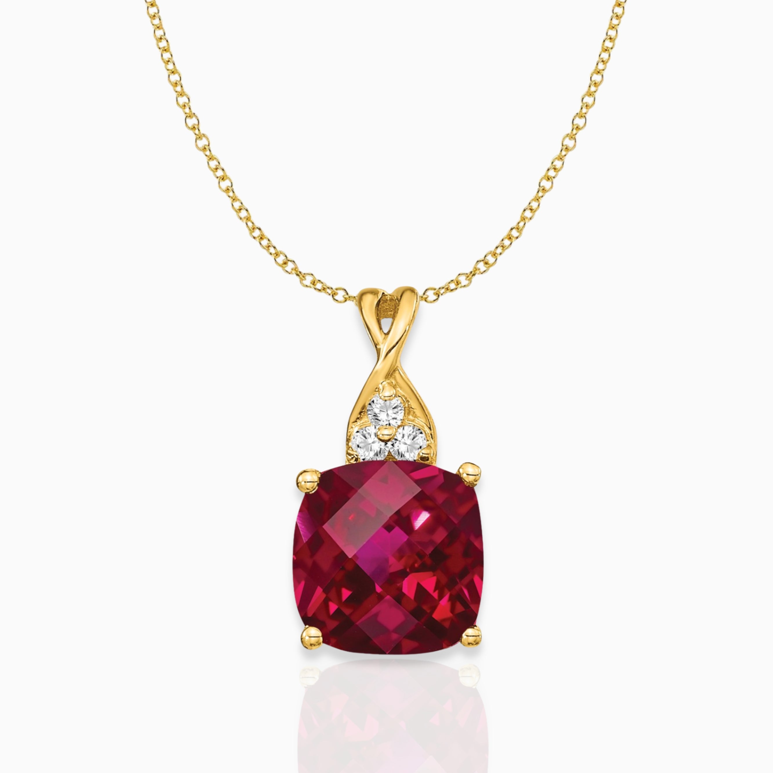 Cushion Created Ruby July Birthstone Necklace 14k Yellow Gold Birthstone Karat Designs