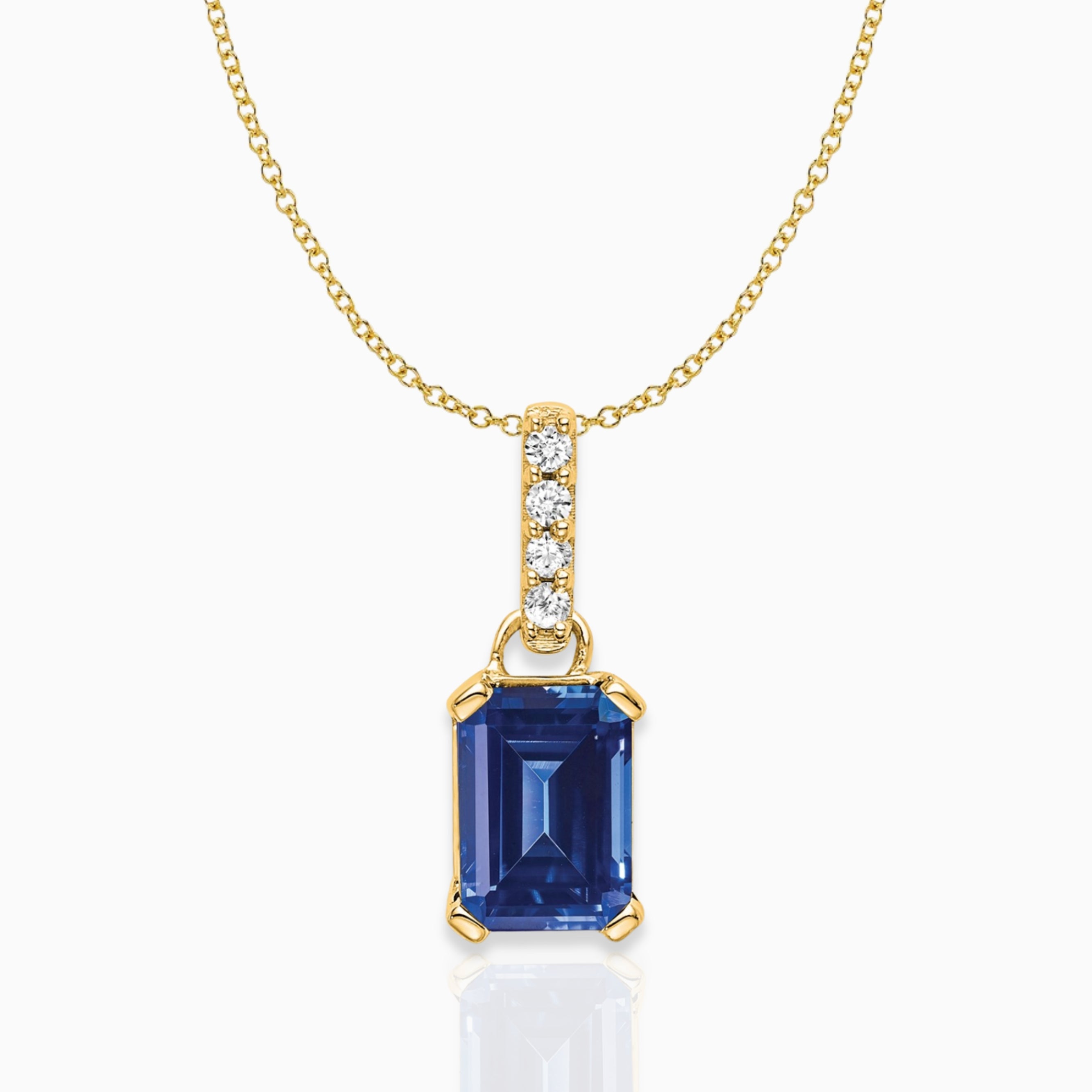 Emerald-Cut Created Sapphire & Diamond Solitaire Pendant 14k Yellow Gold Birthstone Karat Designs